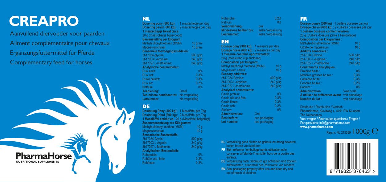 Afbeelding Creapro paard 1000 gram door Pharmahorse.nl
